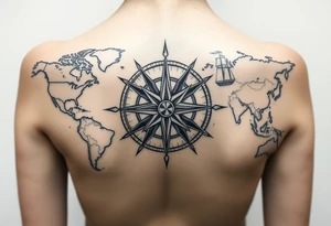 antique compass rose overlaid on weathered world map with sailing ships tattoo idea