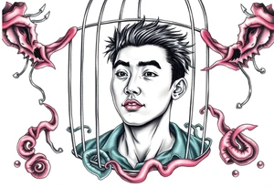 Handsome Asian young guy in evils cage tattoo idea