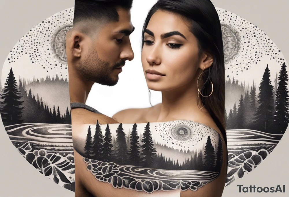 Mexican American inspired Tattoo that incorporates being a father,  love for family and importance of building wealth. Include elements of the Pacific Northwest Forrest on shoulder tattoo idea