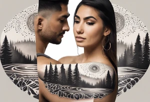 Mexican American inspired Tattoo that incorporates being a father,  love for family and importance of building wealth. Include elements of the Pacific Northwest Forrest on shoulder tattoo idea