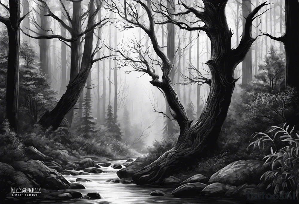 realistic black and gray dark
forest tattoo idea