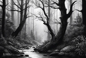 realistic black and gray  dark 
forest tattoo idea