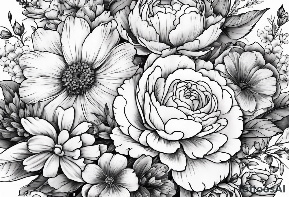 Bouquet, peonies, roses, daisies, forget me nots tattoo idea