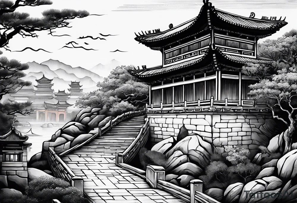 Chinesischer see mit der Mauer im hintergrund und verschiedenen Tieren tattoo idea