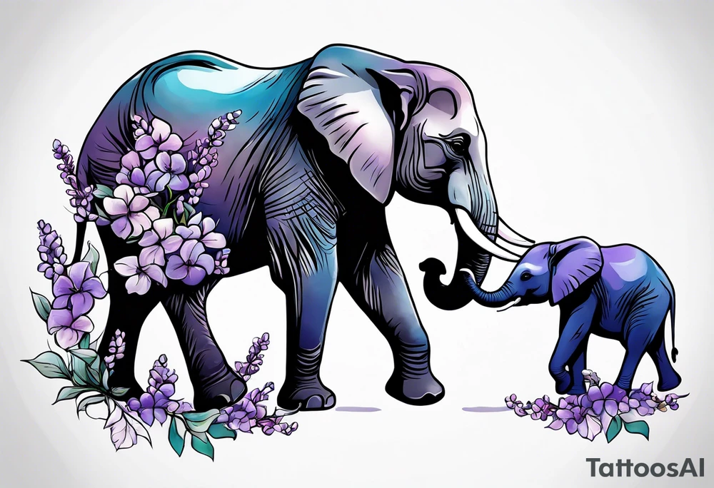 Elephant passing lilacs to a baby Elephant tattoo idea