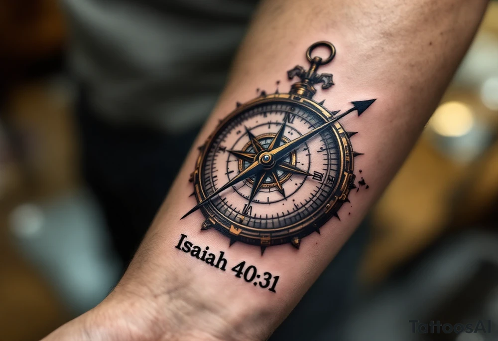 steampunk half compass half clock with a full-length arrow pointing at my wrist and saying "Isaiah 40:31" tattoo idea