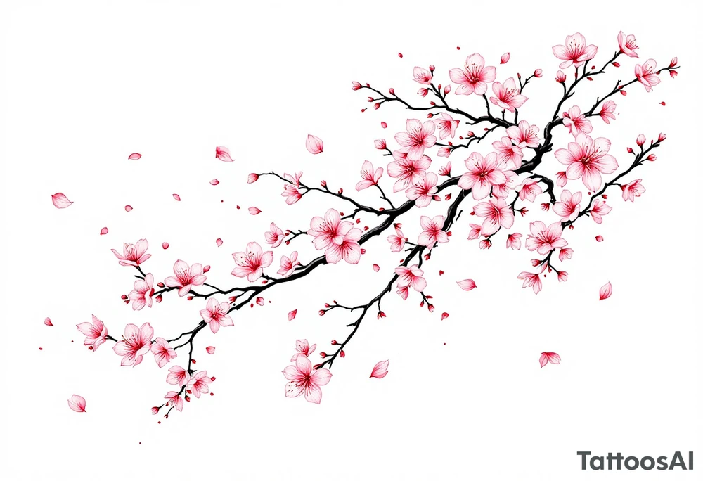 delicate cherry blossoms swirling in spring breeze with petals tattoo idea