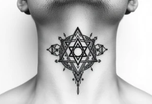 several sacred geometry pieces moving across the whole throat tattoo idea