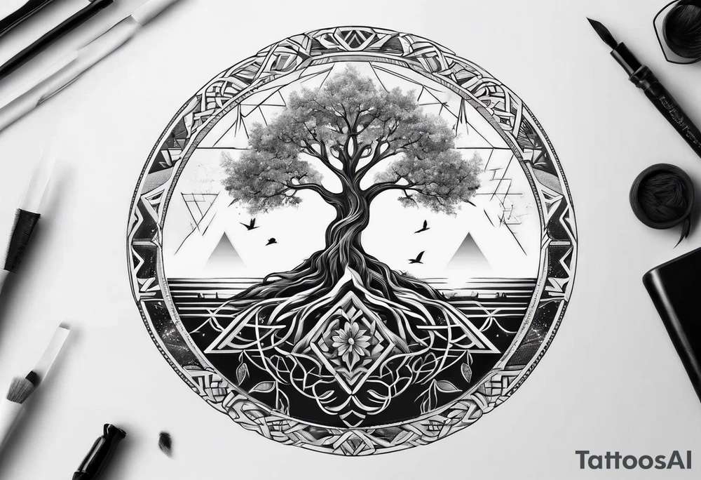 tree of life with long roots
3 line triangles behind tattoo idea