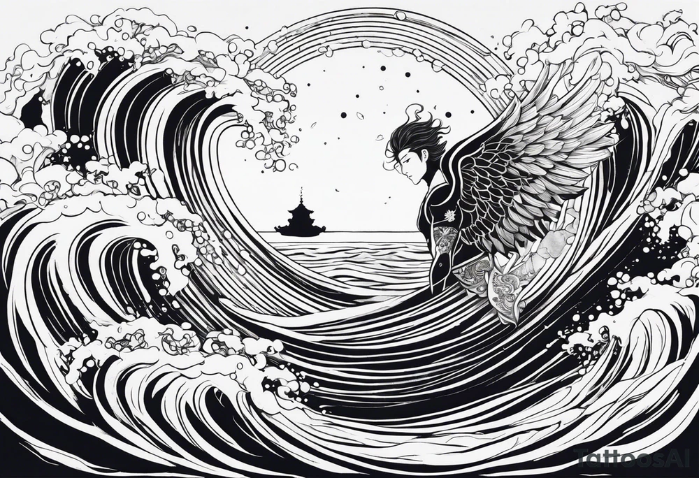 A falling greek men angel in the sea with the sun and all related to an asiatic culture and the anime Tokyo Ghoul.  Make it masculine and include in the water the DNA molecule and some fish and shrimp. Add colour to these designs tattoo idea