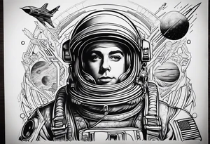 Craft an intricate black and white tattoo design inspired by the themes and imagery from Ray Bradbury's "Cosmonaut" and the poignant lyrics of Elton John's "Rocket Man." tattoo idea