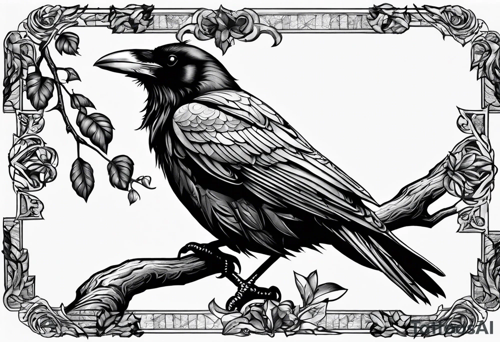 raven perched on branch tattoo idea