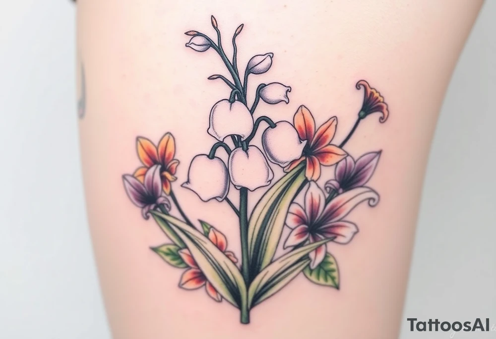 White lily in the valley bells with other different colored lilies surrounding tattoo idea