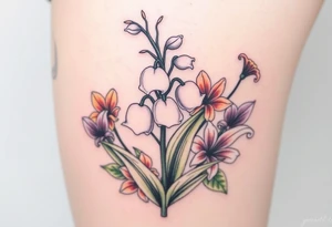 White lily in the valley bells with other different colored lilies surrounding tattoo idea