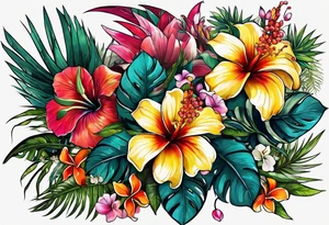 TROPICAL FLORAL, PHILLIGRY, INTRIATE, DETAILED, COLORFUL, BRIGHT, STREETWEAR, URBAN WEAR. CLIP ART tattoo idea