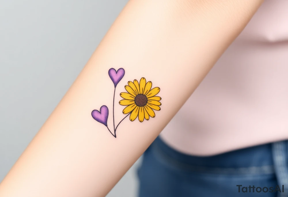 simple with Purple Hearts with yellow daisy with cross tattoo idea