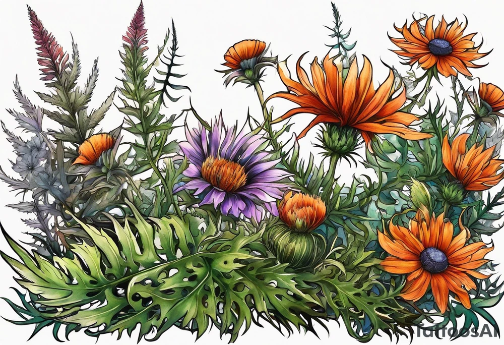 wildflower horizontal with thistles, ferns, burnt orange flowers all in color tattoo idea