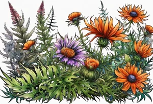 wildflower horizontal with thistles, ferns, burnt orange flowers all in color tattoo idea