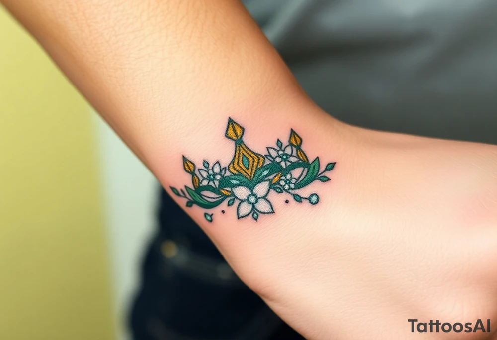 A crown made of intertwined vines with diamond flowers scattered throughout, rendered in green and gold with diamond-like sparkles in white and pale blue. tattoo idea