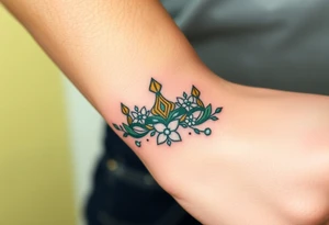 A crown made of intertwined vines with diamond flowers scattered throughout, rendered in green and gold with diamond-like sparkles in white and pale blue. tattoo idea