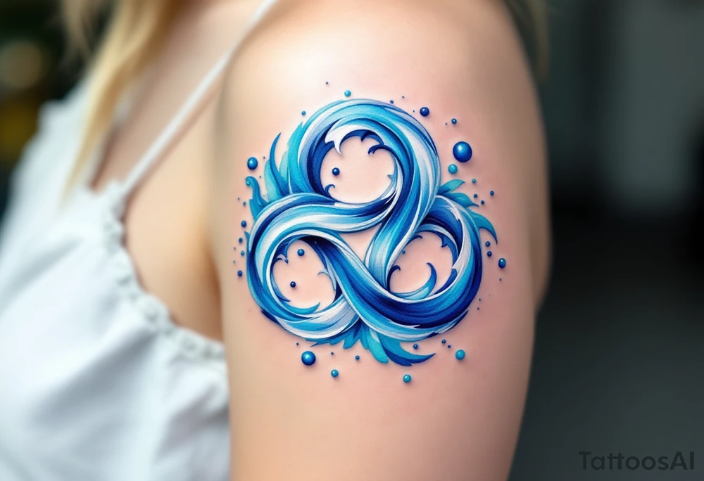 A fluid, wave-like triskelion in deep blue, turquoise, and white, representing the movement of water, intuition, and emotional balance. The spirals can resemble ocean currents, and subtle bubbles or droplets can enhance the aquatic feel. tattoo idea