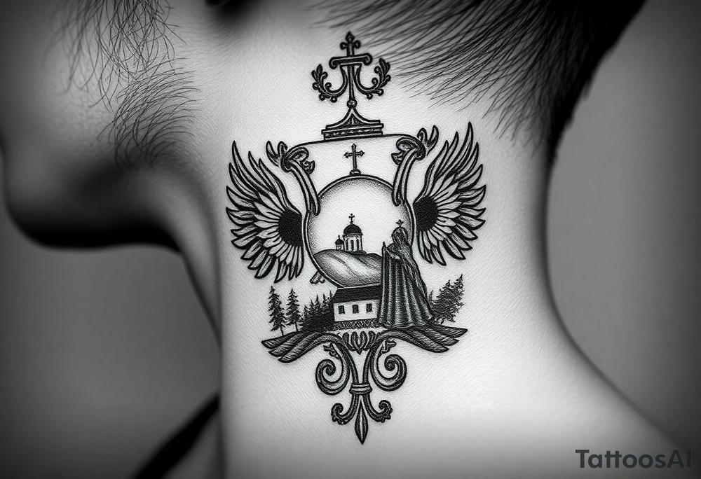 Traditional authentic Russian coat of arms with a Christian orthodox virgin marry in the middle and silhouette in a Russian wilderness Christian orthodoxy dome church village setting on the side of my neck tattoo idea