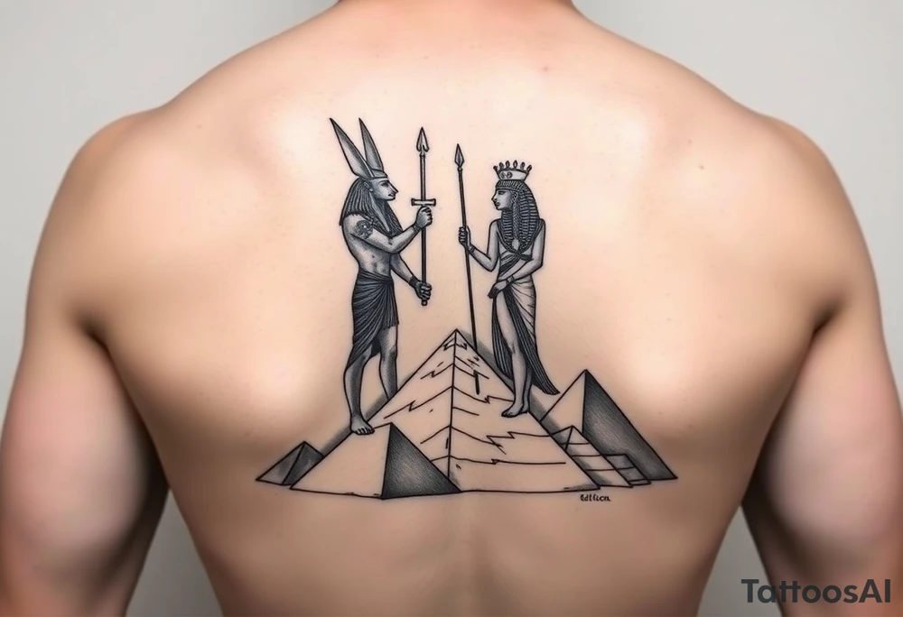anubis and Isis standing over the pyramids tattoo idea