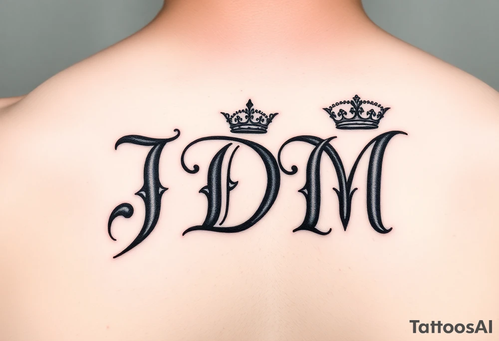 Letters JDM with crown on the J and a halo over the M tattoo idea
