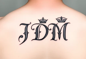 Letters JDM with crown on the J and a halo over the M tattoo idea
