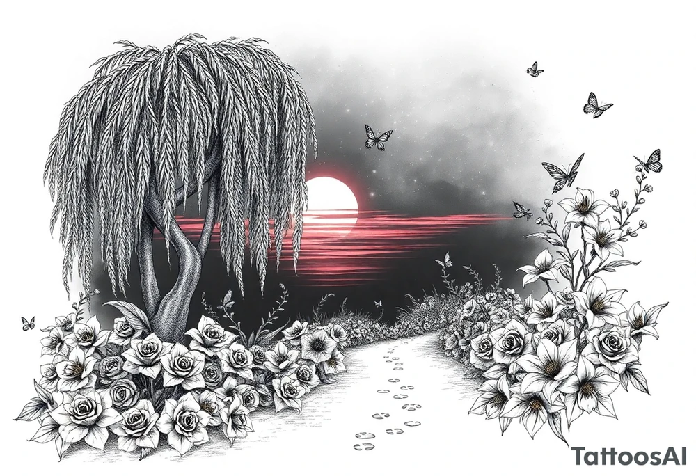 Sunset galaxy. Dark Ocean.  weeping willow garden with roses and lilies flower beds, fairies, mermiads, dragons butterflies,  cat paw prints path in dirt. tattoo idea