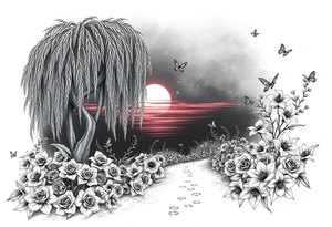 Sunset galaxy. Dark Ocean.  weeping willow garden with roses and lilies flower beds, fairies, mermiads, dragons butterflies,  cat paw prints path in dirt. tattoo idea