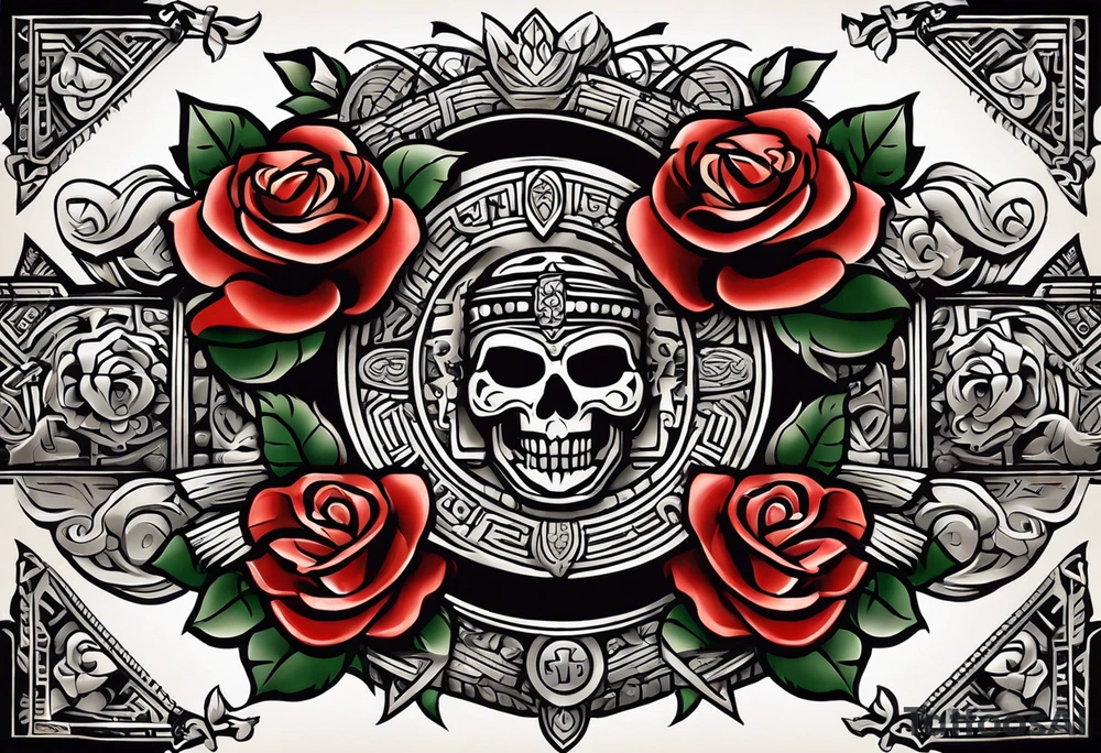 Design a masculine tattoo depicting three delicate rose buds being embraced and protected by a pile of Aztec weapons. The weapons should include elements such as the macuahuitl (Aztec sword-club), obsidian blades, and shields, arranged in a way that forms a protective circle or embrace around the roses. Carve the entire image as if it were a stone sculpture by an ancient Aztec artist, with the texture resembling intricately detailed stone carvings. The roses should be slightly softer but still stylized in stone, giving the entire tattoo a powerful, yet artistic and ancient feel. Use bold, sharp lines to capture the essence of Aztec craftsmanship tattoo idea