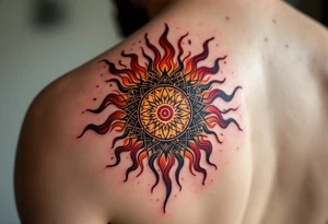 This fiery tattoo bursts with maroon, black, and ochre, its Celtic sun pattern burning like a ritual flame. tattoo idea