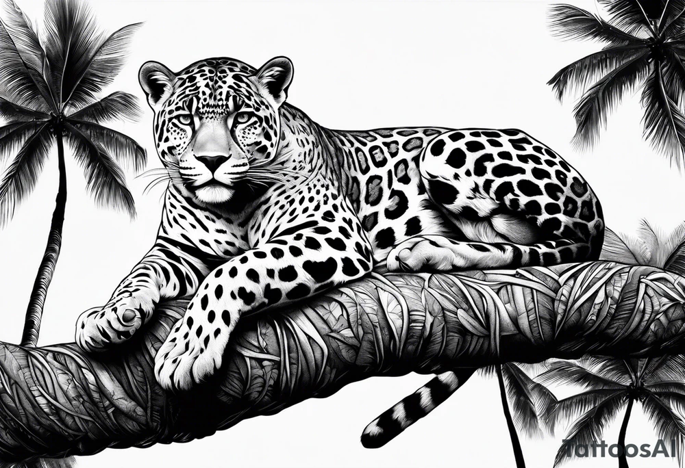 jaguar laying on palm tree tattoo idea