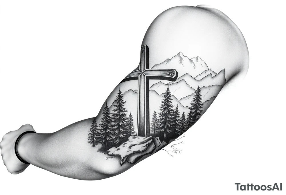 russian orthodox cross in a light forrest mountainous setting tattoo idea