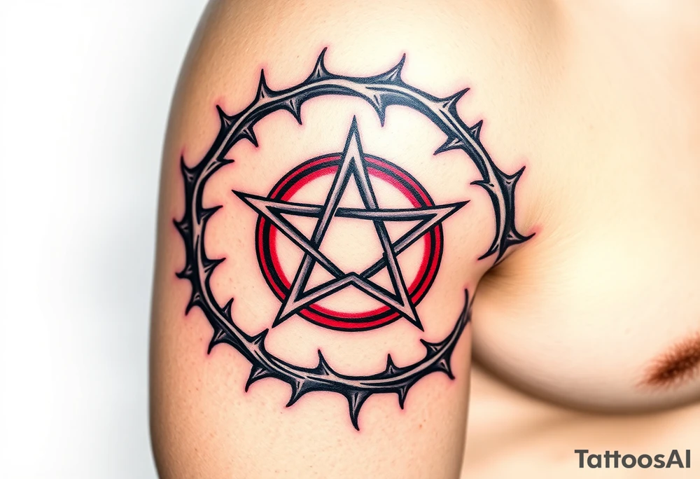 A pentagram surrounded by thorns, with deep reds and blacks, representing occult power and mystery tattoo idea