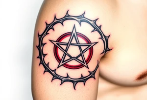 A pentagram surrounded by thorns, with deep reds and blacks, representing occult power and mystery tattoo idea