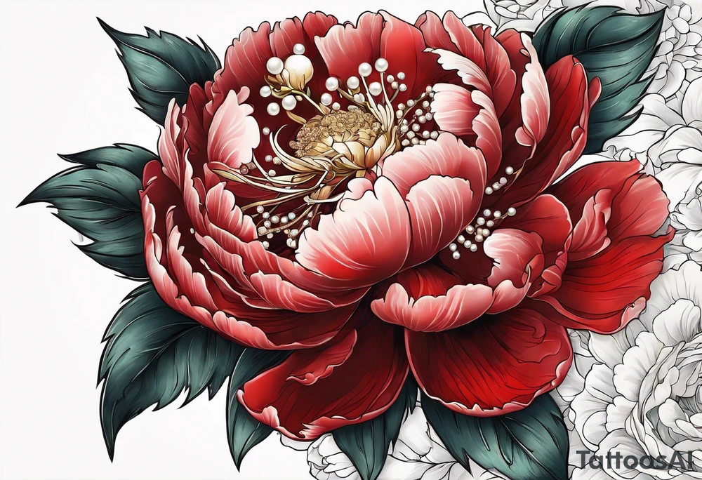 Red peony with a pearls and bunny dangling tattoo idea
