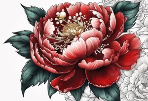 Red peony with a pearls and bunny dangling tattoo idea