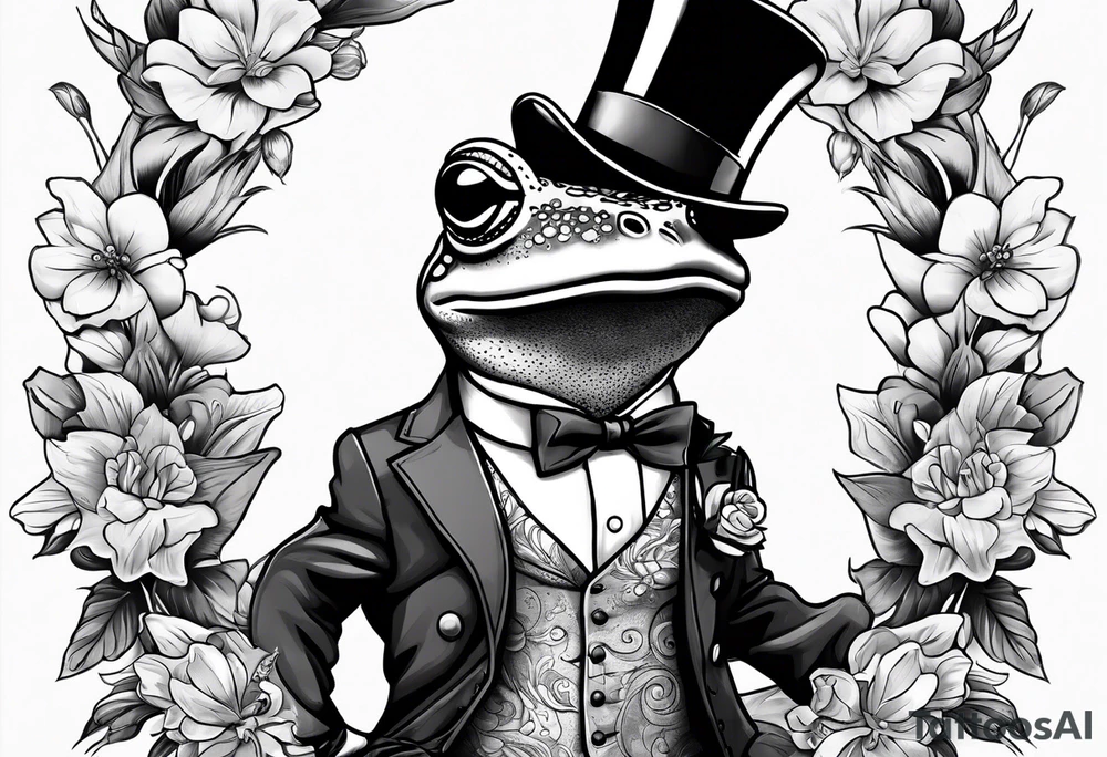 Cute Frog smiling wearing top hat and a suit standing on its Back legs while holding flowers tattoo idea