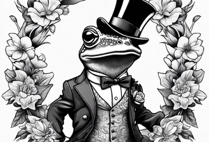Cute Frog smiling wearing top hat and a suit standing on its Back legs while holding flowers tattoo idea
