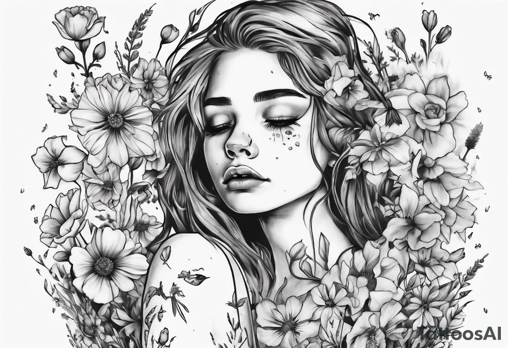 Depressed girl in flowers meadow tattoo idea