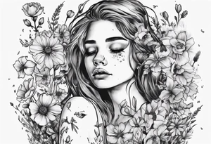 Depressed girl in flowers meadow tattoo idea