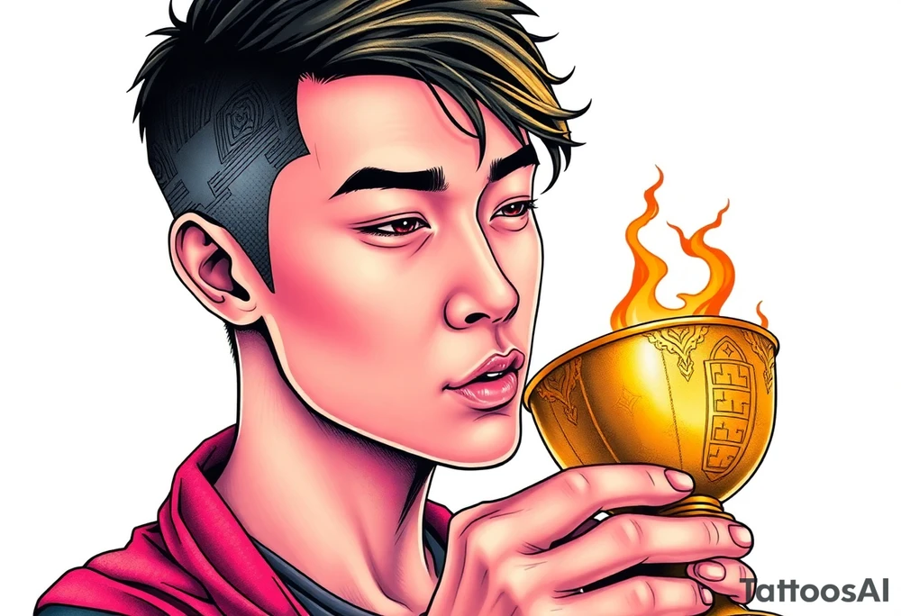 Handsome Asian young guy is drinking from medieval golden cup tattoo idea