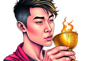 Handsome Asian young guy is drinking from medieval golden cup tattoo idea