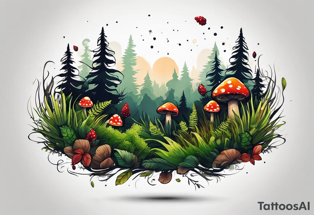minimalistic forest floor inspired tattoo, which includes grass, moss, curly ferns and dead leaves as the bulk of the tattoo. details to include: forest berries, couple of very small brown mushrooms, a tiny bumblebee flying nearby tattoo idea
