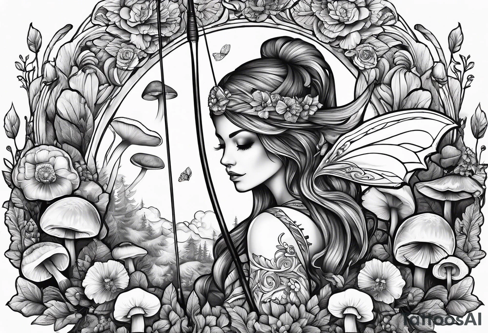 Recurve bow and arrow, mushrooms, fairies tattoo idea