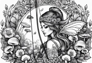 Recurve bow and arrow, mushrooms, fairies tattoo idea