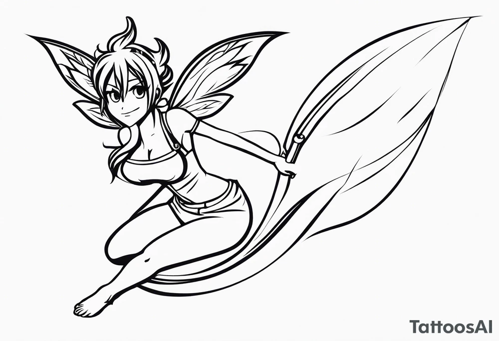 No color fairy with a tail inspired by the logo of the anime show called Fairy Tail in a fetal position leaning in and forward in the air flying tattoo idea