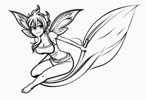 No color fairy with a tail inspired by the logo of the anime show called Fairy Tail in a fetal position leaning in and forward in the air flying tattoo idea